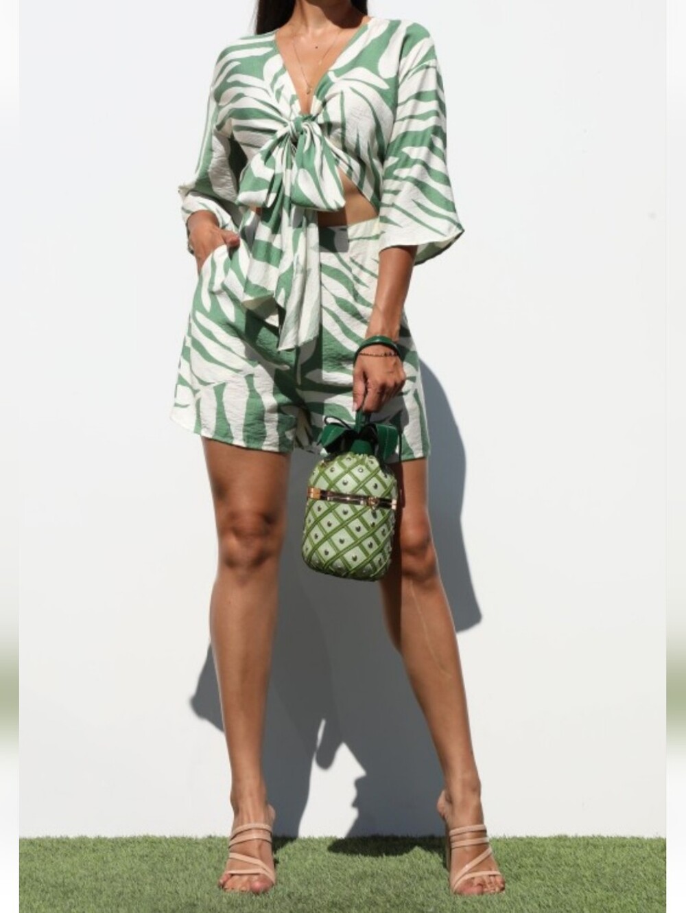 Green & White Leaf Print Tie-Front Two-Piece Set NWT